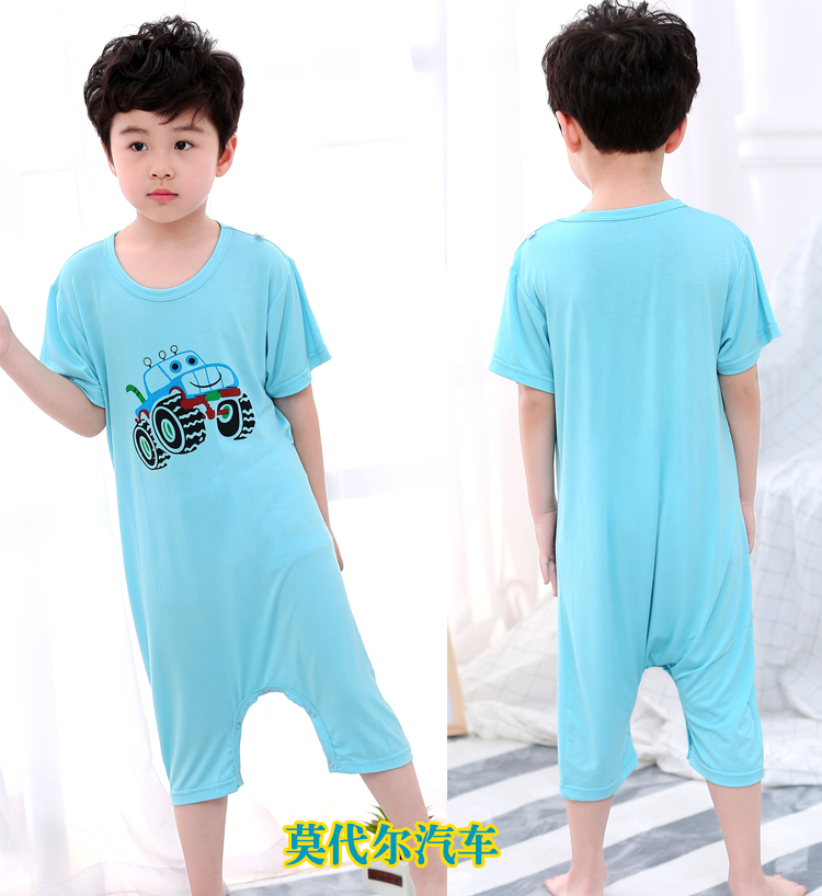 Phương thức 2-7 tuổi mùa hè 3 tay áo ngắn 4 phần mỏng 5 người đàn ông và phụ nữ 6 bé kích thước lớn vừa và nhỏ trẻ em dính liền đồ ngủ romper bộ khủng long bé gái