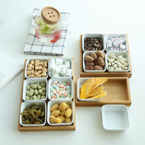 Bamboo Tray Ceramic Dry Fruit Pan Snack Pan Day Style Divided Trays Home Living Room Afternoon Tea Candy Refreshments Sauces