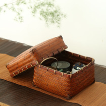 Handmade bamboo woven Bamboo tea table Tea ceremony storage box Bamboo woven small bamboo basket basket Teapot Teacup Tea set box with lid