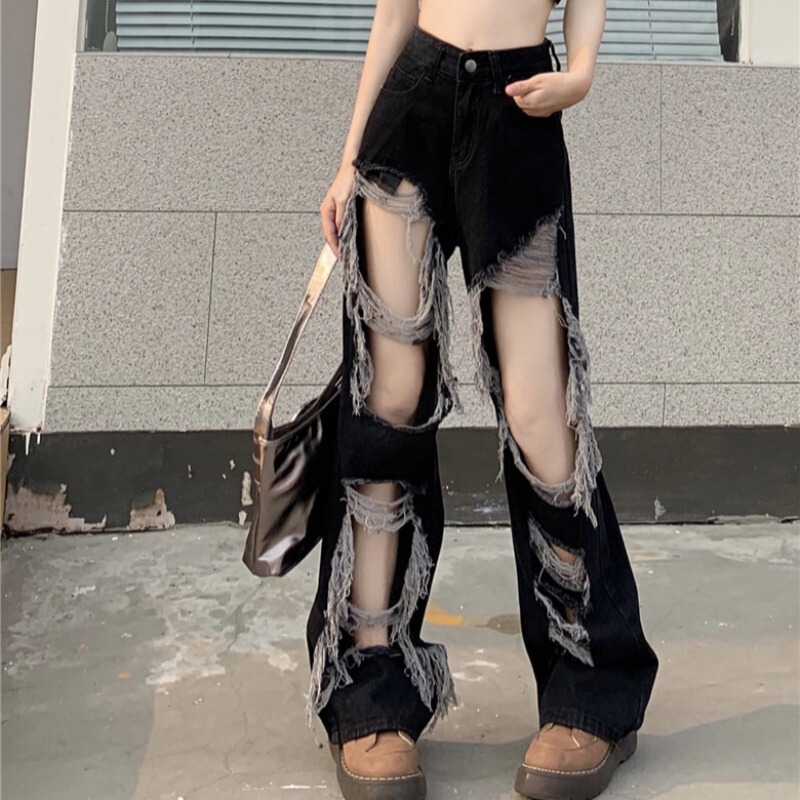 Black and Gray Ripped Jeans for Women, Summer Distressed Beggar Pants, High-Waisted, Slimming, Straight-Leg, Floor-Length Pants Black and Gray Ripped Jeans for Women, Summer Distressed Beggar Pants, High-Waisted, Slimming, Straight-Leg, Floor-Length Pants