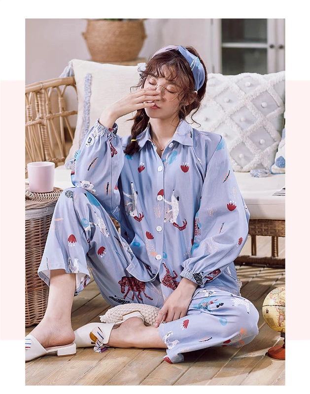 Phiên bản Hàn Quốc của bộ đồ ngủ mùa xuân và mùa thu của phụ nữ mùa hè mỏng rời kích thước lớn cộng với hoạt hình dễ thương dài tay phục vụ tại nhà bộ đồ hai mảnh - Cha mẹ và con