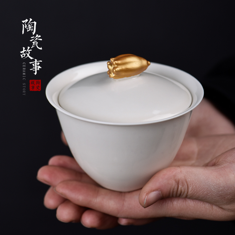 Jingdezhen ceramic story covered bowl bowl tea cups set a single white porcelain suet jade ceramic three tureen