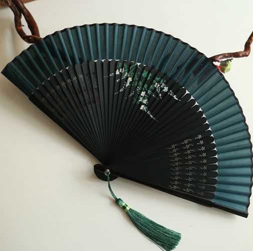 精品女扇6寸折扇走秀旗袍扇手绘扇竹柄折扇子夏天日用扇墨绿色