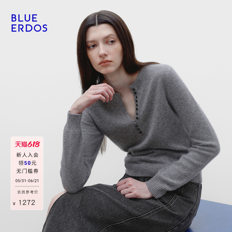 [Celebrity Style] Blue Erdos Spring Gray Goat Wool Blend Half-Zip Round Neck Cashmere Sweater for Women
