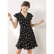 MALCENL KLON small sweet tea cherry silk wrap tea break dress waist thin temperament