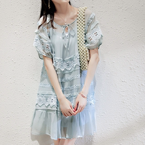 MALCENL KLON2021 summer womens new heavy smooth silk stitching lace two-piece dress