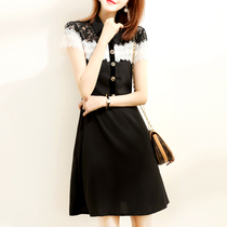 Malcenl klon lace dress Summer temperament A-line skirt French lady short sleeve stitching Chiffon small black dress