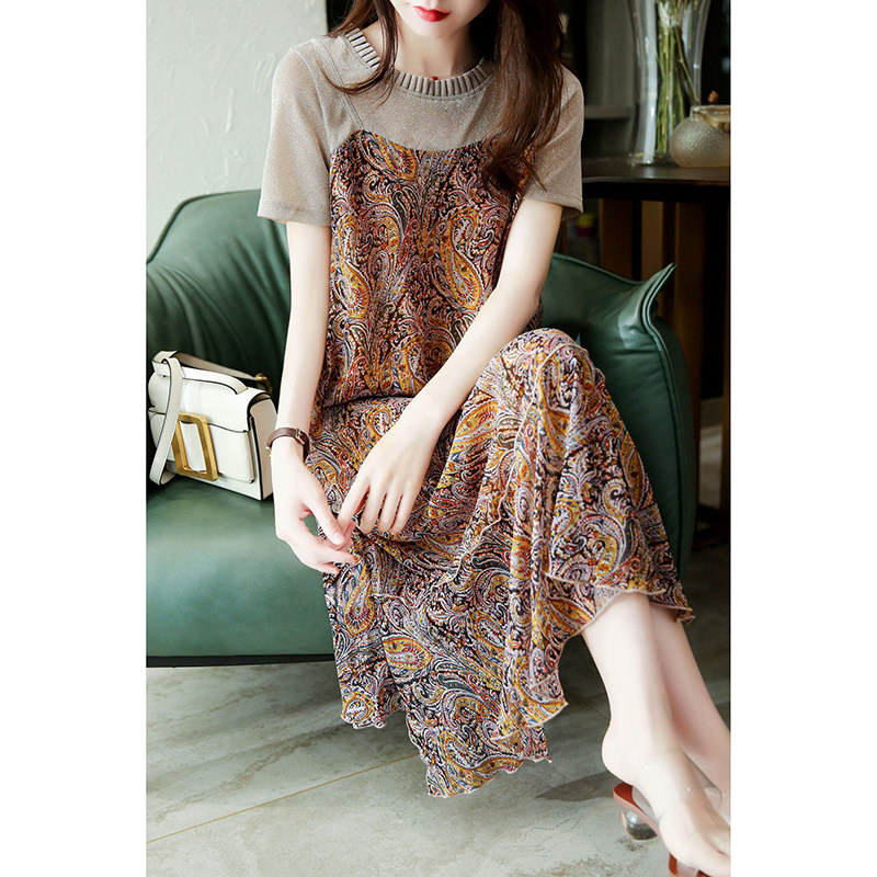 MALCENL KLON elegant temperament retro high-quality floral dress female summer a-type Hepburn fake two pieces