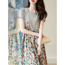 2021 Light luxury summer like oil painting rendering T-shirt floral lace stitching fake two pieces hem side split dress