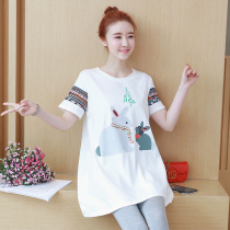 Pregnant woman summer dress loose short sleeve printed t-shirt 2022 new fashion suit with long section of round collar clothes in summer
