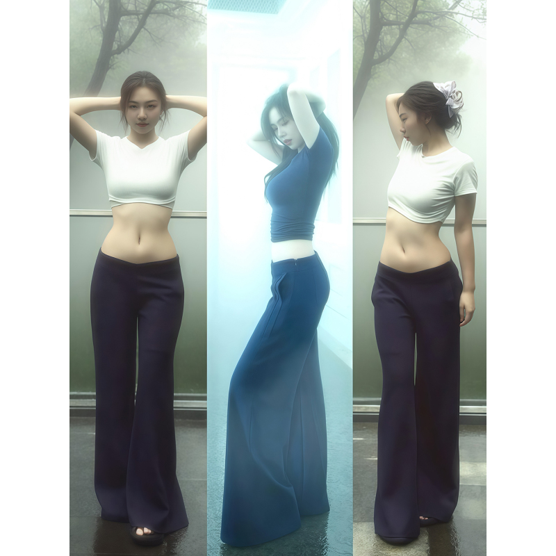 Navy Blue Low-Waist Flared Pants for Women, Spring and Autumn, Loose Fit, Hip-Covering, Slimming, Lazy Style, Floor-Length, Air Layer Wide-Leg Pants Navy Blue Low-Waist Flared Pants for Women, Spring and Autumn, Loose Fit, Hip-Covering, Slimming, Lazy Style, Floor-Length, Air Layer Wide-Leg Pants