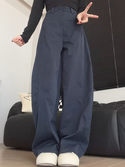 Retro Navy Scimitar Overalls for Women Spring and Autumn 2025 New High Waisted Loose Little Lazy Drapey Wide Leg Pants