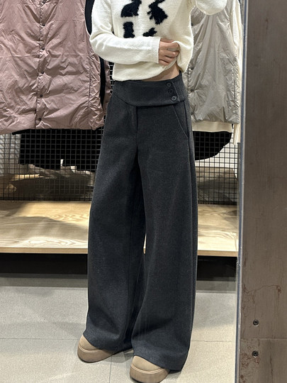 Retro dark gray woolen wide-leg pants for women in autumn and winter, low-waisted, lazy, slim, casual floor-length buttoned suit pants