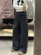 Retro dark gray woolen wide-leg pants for women in autumn and winter, low-waisted, lazy, slim, casual floor-length buttoned suit pants