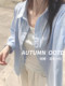 Pure Cotton Blue Shirt for Women, Spring, Autumn and Winter 2025 New Style, Lapel, Long-Sleeved Shirt, Outer Wear, Petite Top