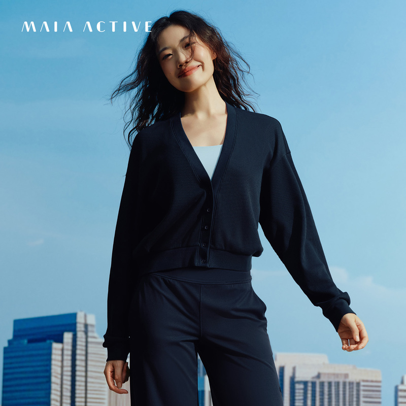 Waffle Texture V-Neck Loose Short Cardigan Casual Sports Jacket Maiaactive 63Ca03 Waffle Texture V-Neck Loose Short Cardigan Casual Sports Jacket Maiaactive 63Ca03