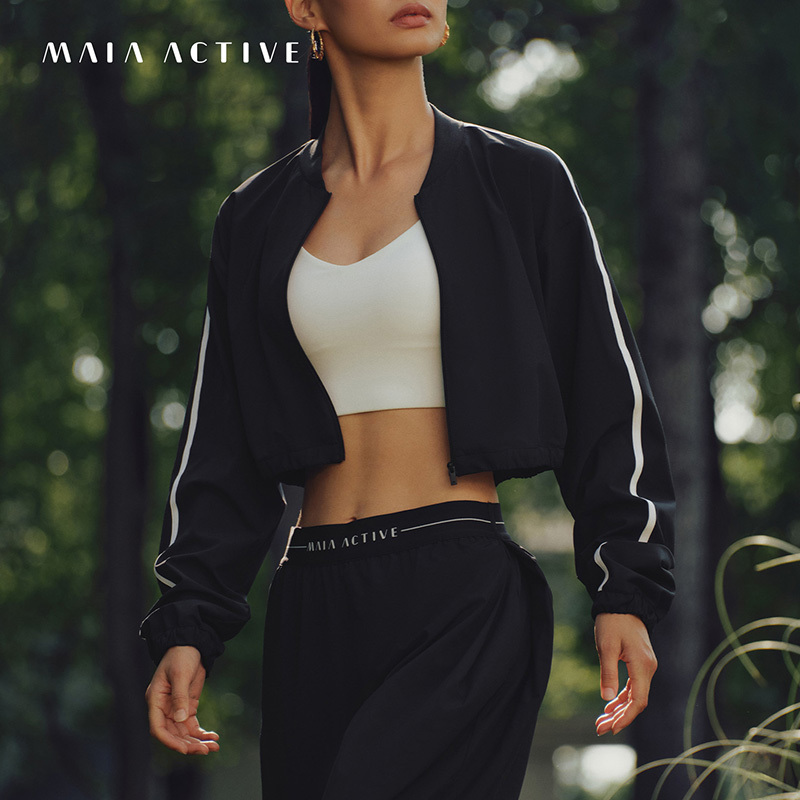 Stand Collar Short Woven Casual Everyday Baseball Jacket Yoga Coat Top Maiaactive 63Jk33