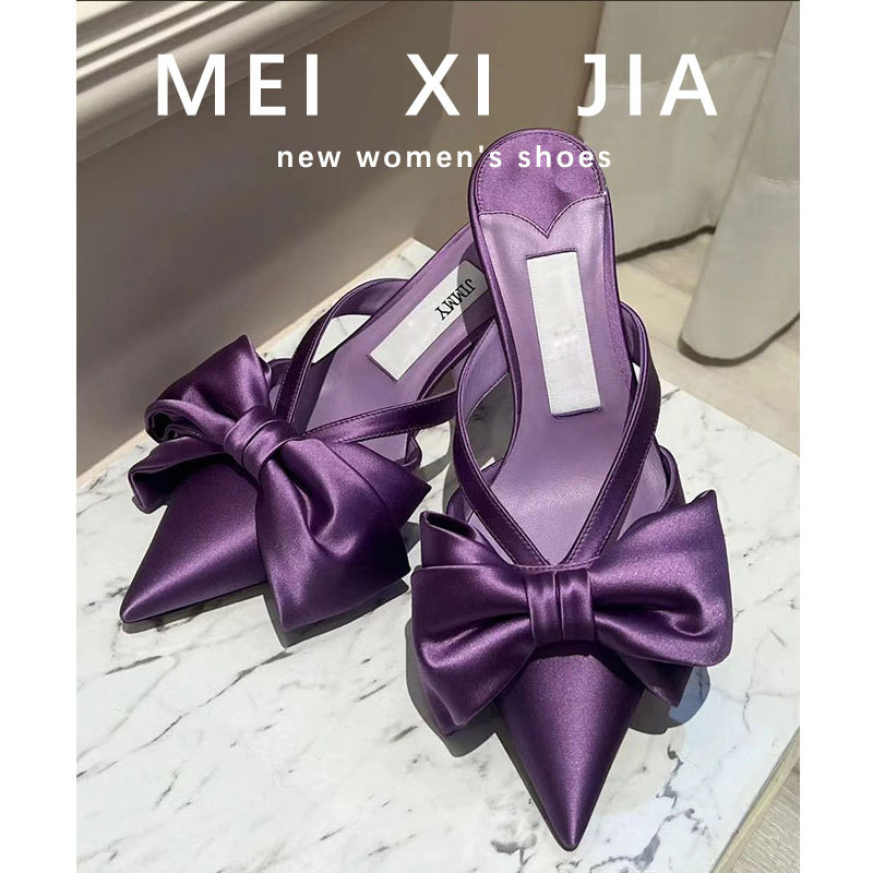 Sheepskin Version! High-Heeled Slippers for Women, New Summer Style, Candy-Colored Silk Bow Mules, Sweet Style Sandals Sheepskin Version! High-Heeled Slippers for Women, New Summer Style, Candy-Colored Silk Bow Mules, Sweet Style Sandals