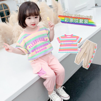 Girls striped sports suit 2021 summer new female baby summer foreign style fashionable net red short-sleeved two-piece suit