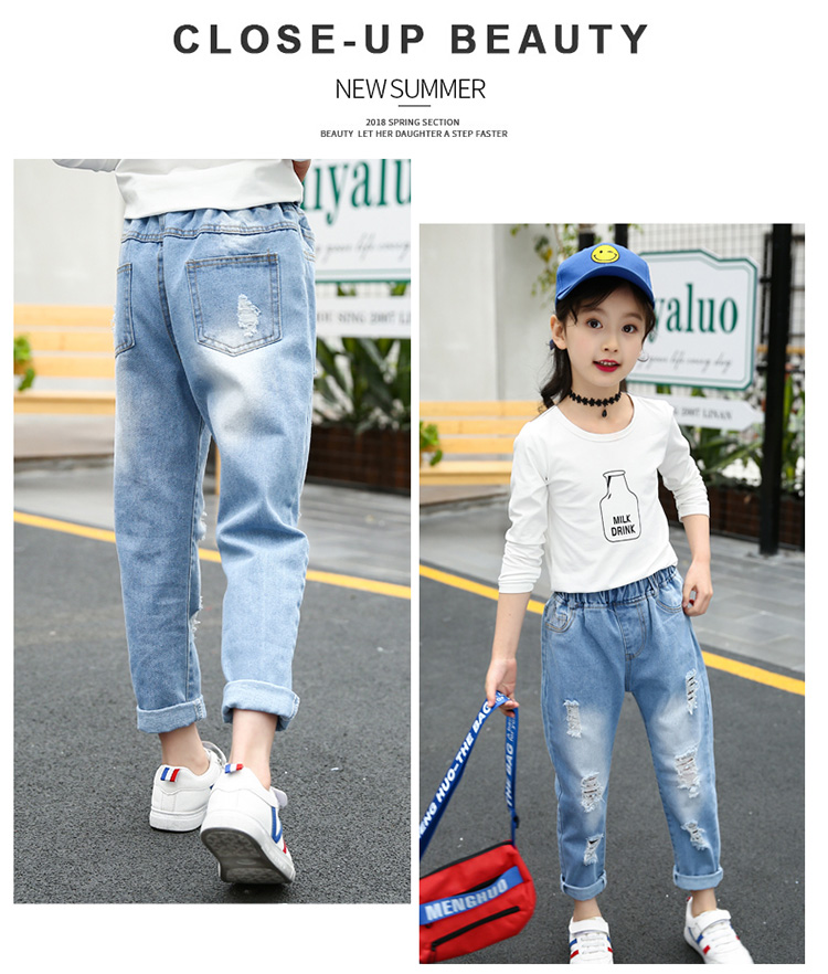 Quần jean nữ mùa xuân và mùa thu 2019 mới lớn trẻ em không khí nước ngoài quần lỏng thời trang Hàn Quốc quần trẻ em lỗ - Quần quần áo trẻ con