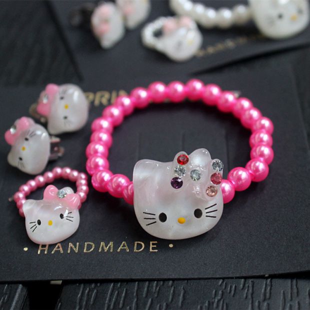 Em bé dễ thương KT mèo hoạt hình vòng tay + nhẫn + tai clip 3 bộ Cô gái công chúa vòng tay ngọc trai dễ thương - Nhẫn nhẫn pandora