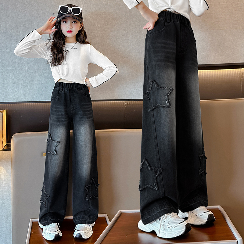 Girls' Wide-Leg Pants, Spring and Autumn, Big Kids' Loose Straight-Leg Jeans, Autumn Style, Fashionable and Stylish, Black Autumn Children's Pants