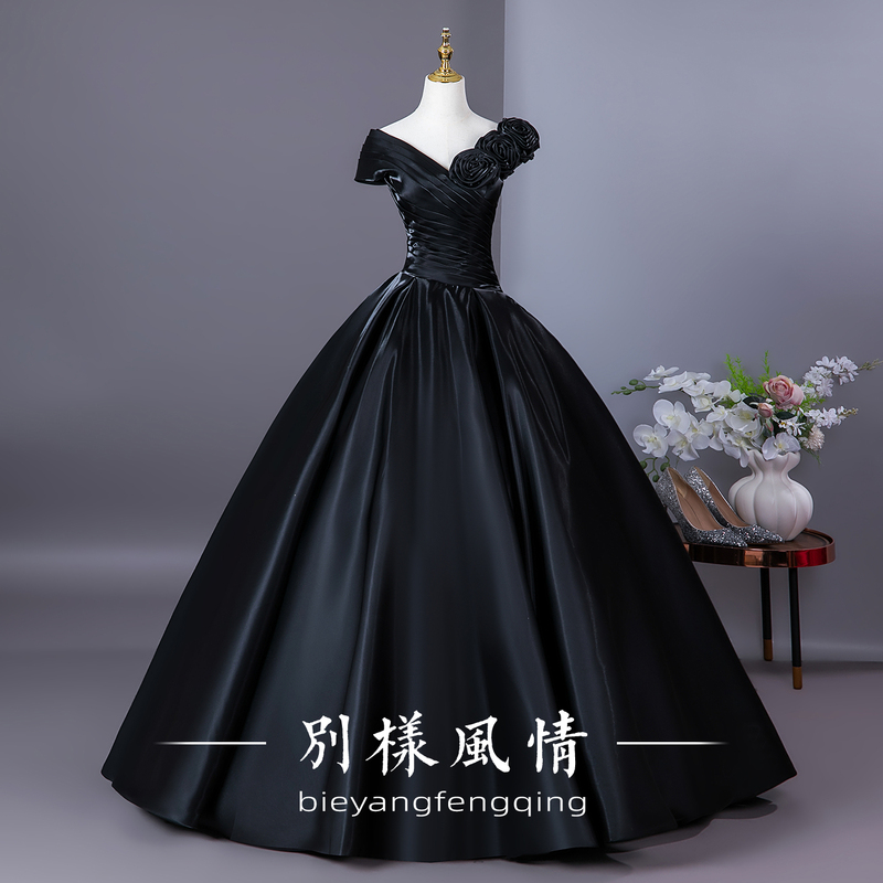 Black Noble Three-Dimensional Floral Evening Gown in Princess Style for Music Students, High-End Host, Vocal Performance, and Art Exam Long Dress Black Noble Three-Dimensional Floral Evening Gown in Princess Style for Music Students, High-End Host, Vocal Performance, and Art Exam Long Dress