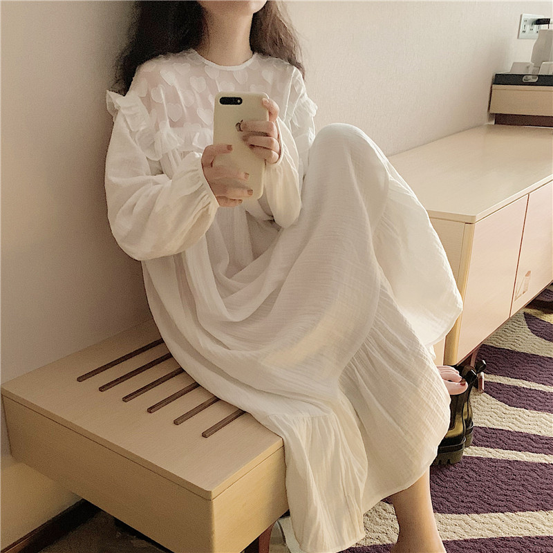 Pure abstinence ~ CHAO temperament Korean version sweet and pure white love cotton numb sleeping dress female spring and autumn loose long dress