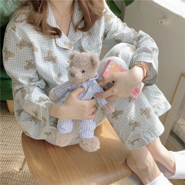 Air Touch ~ ins Little cute little Bear Plaid cotton linen pyjamas women's spring and autumn season Han's family ju serve two sets