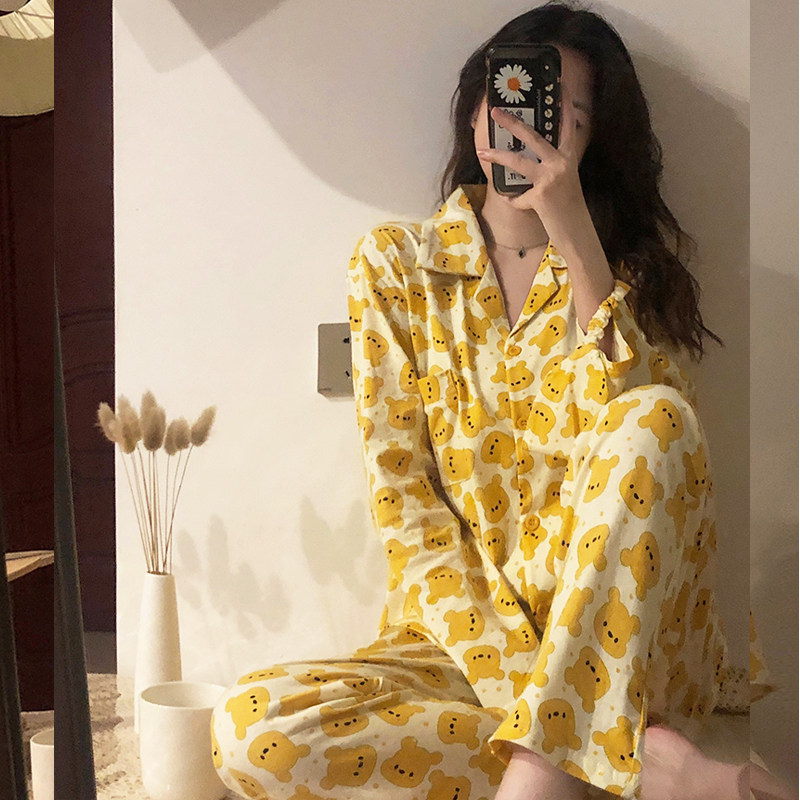 Japanese ins~ cute bear pajamas women's spring and autumn cotton long-sleeved can be worn outside the home ju clothing suit