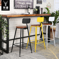  Wrought iron household bar stool solid wood backrest bar chair Modern minimalist high chair Retro bar stool high stool