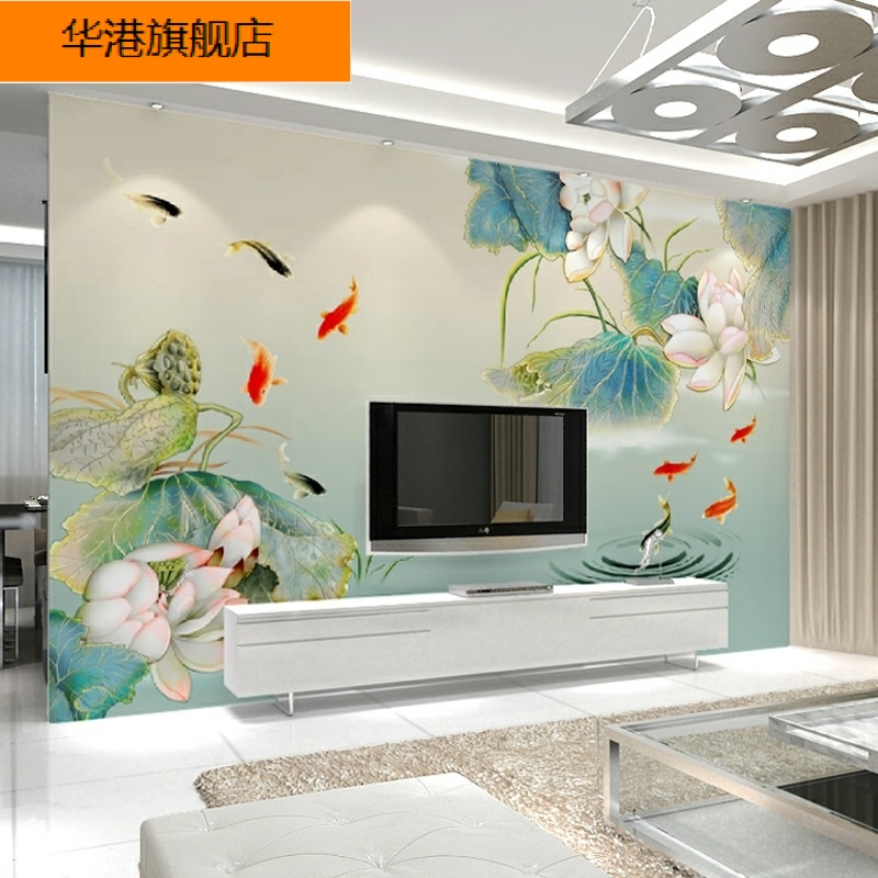3d TV Background Wall Paper Sofa Living-room Wallpaper Chinese Nine Fish Tu Wall Paper Lotus Fresco Wall wall cloth
