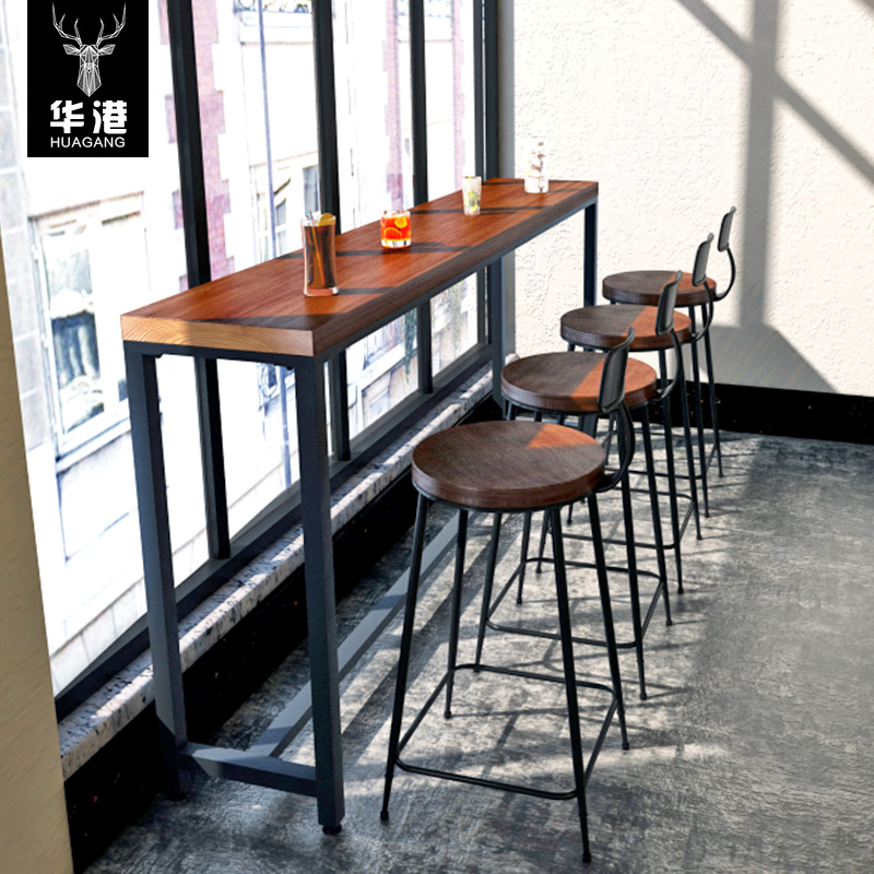 Wrought iron bar table American marble solid wood long high-legged table Bar table Cafe table and chair Huagang solid wood table