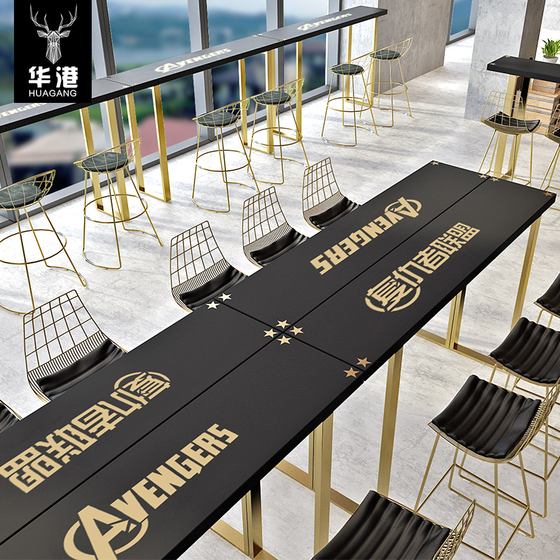 Hugang Black Gold Iron Art Bar Coffee Shop Milk Tea Shop Solid Wood Close To Wall Bar Table Home Strip Table High Foot Table And Chairs