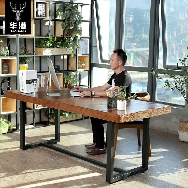 loft iron art solid wood desk meeting table strip guest table training negotiate table and chairs brief modern long table