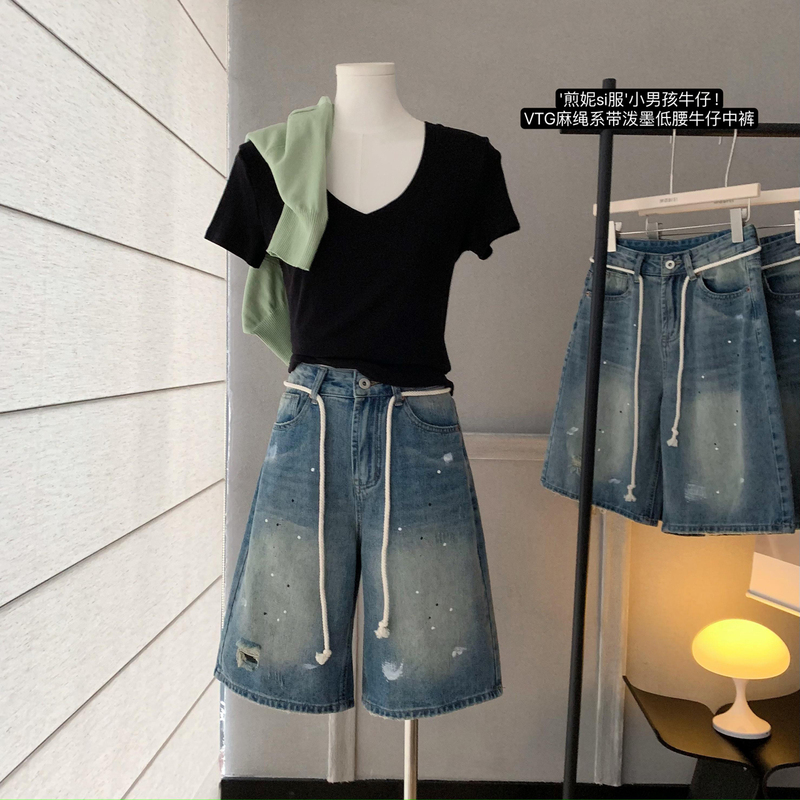 Ouyang'Jian Ni' Boys' Denim! Vintage Low-Waist Denim Shorts with Rope Ties and Splatter Paint Design