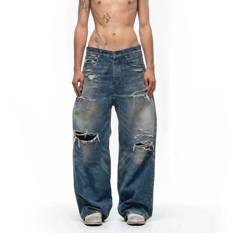 No/Faith Studios Frayed Ripped Dirty Pants Washed Blue Wide-Leg Scimitar Baggy Jeans for Men No/Faith Studios Frayed Ripped Dirty Pants Washed Blue Wide-Leg Scimitar Baggy Jeans for Men