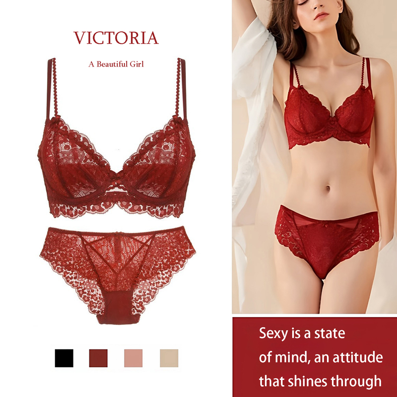 Victoria's Secret Red Sexy Lace Ultra-Thin Bra Set, Push-Up and Side Support, Red Underwear for Women in Their Zodiac Year
