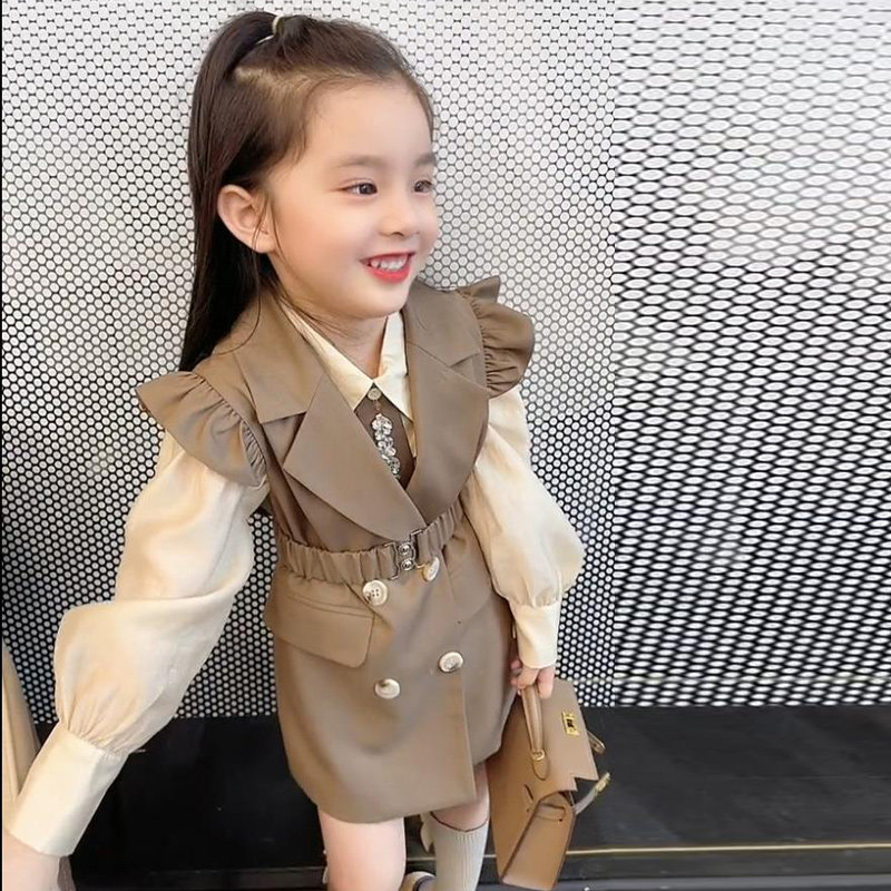 Girl Suit Nets Red Fried Street Tide Clothing Spring Autumn Children Suits Trendy Girls College Wind Suit Walking Show Thin