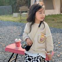 Girl Sweatshirt Spring Autumn Slim Fit Childrens Solid Milk Tea Round Neckline Hooded Sweatshirt Baby Foreign Air Loose Blouse Spring Clothing T