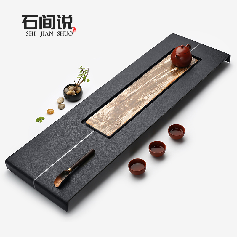 Shijian said natural whole wood fossil tea tray household black stone tea table modern minimalist stone tea seaware tray