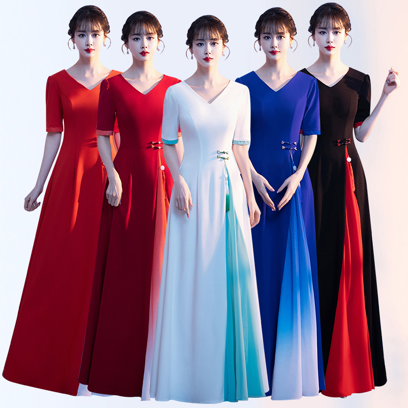 New Choir Performance Dress for Women, Elegant Evening Gown, Red Host Dress, Chinese Style for Art Exams