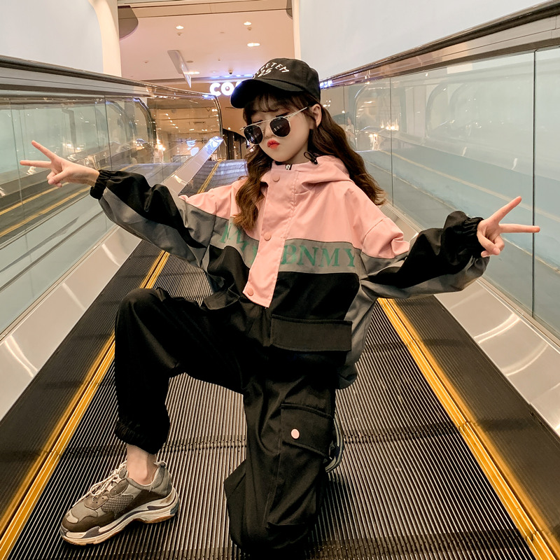 Girl Spring Clothing Suit 2022 New Foreign Pie Children Spring Autumn Nets Red Trendy Great Boy Tooling Sports Two Suits