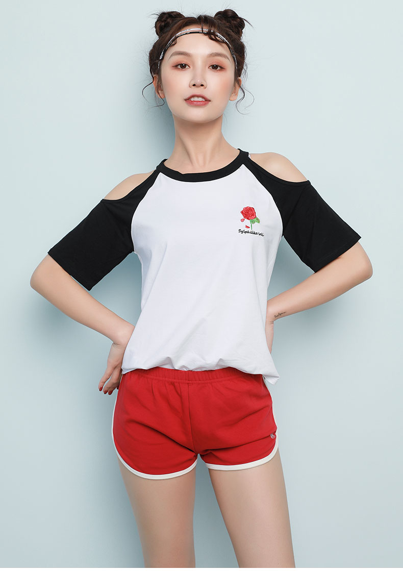 Runaway Loli Thể thao Tay ngắn In áo thun lệch vai Cotton thoáng khí Sinh viên Vòng cổ Yoga Chạy bộ - Áo phông thể thao áo top tank
