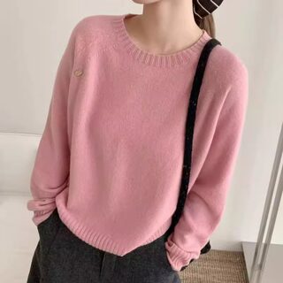 Badx genuine solid color round neck seamless one-piece wool sweater for women in autumn soft and waxy loose slimming versatile sweater