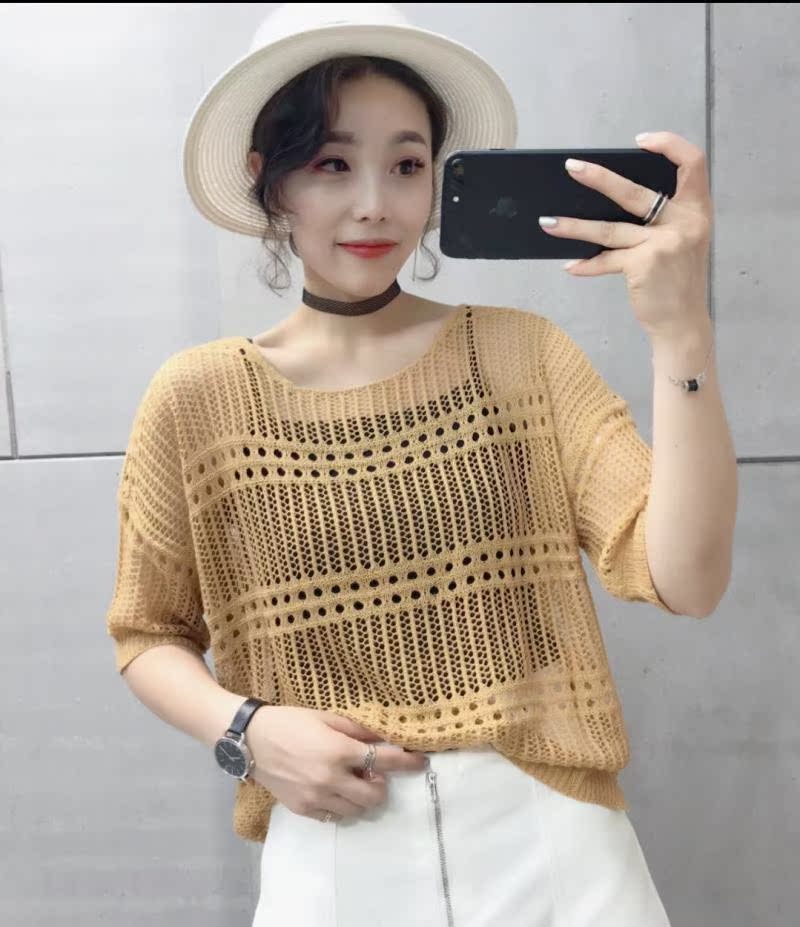 Mùa hè mới Hàn Quốc thời trang hoang dã màu lỏng mỏng mỏng băng lụa áo len rỗng áo khoác với bọc ngực áo khoác cardigan nữ