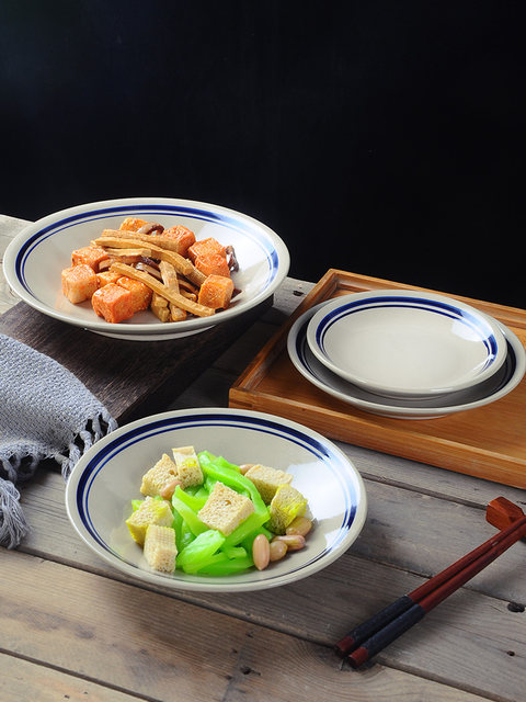 Ceramic Plates for Commercial and Home Use, Round Plates for Catering and Restaurants, Special Dish Plates for Hot Pot, Vintage Double-Line Shallow Plates, Flat Plates