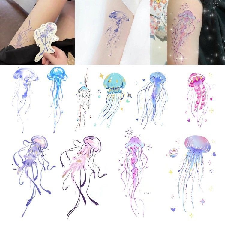 Ultra-Clear and Ethereal 10-Piece Jellyfish Tattoo Stickers, Waterproof and Long-Lasting, Chinese Style Girl Flower Arm Tattoo Stickers, Washable and Coverable