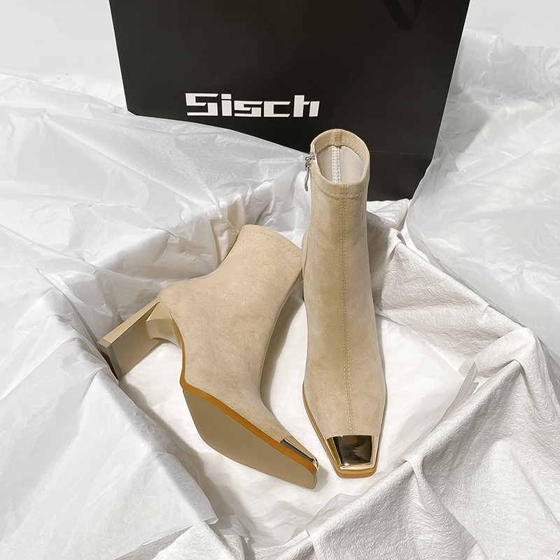 Xishi Metal-Toe Apricot Elastic Slim Boots for Women, 2026 Autumn and Winter New Korean Style High-Heeled Short Boots with Chunky Heels