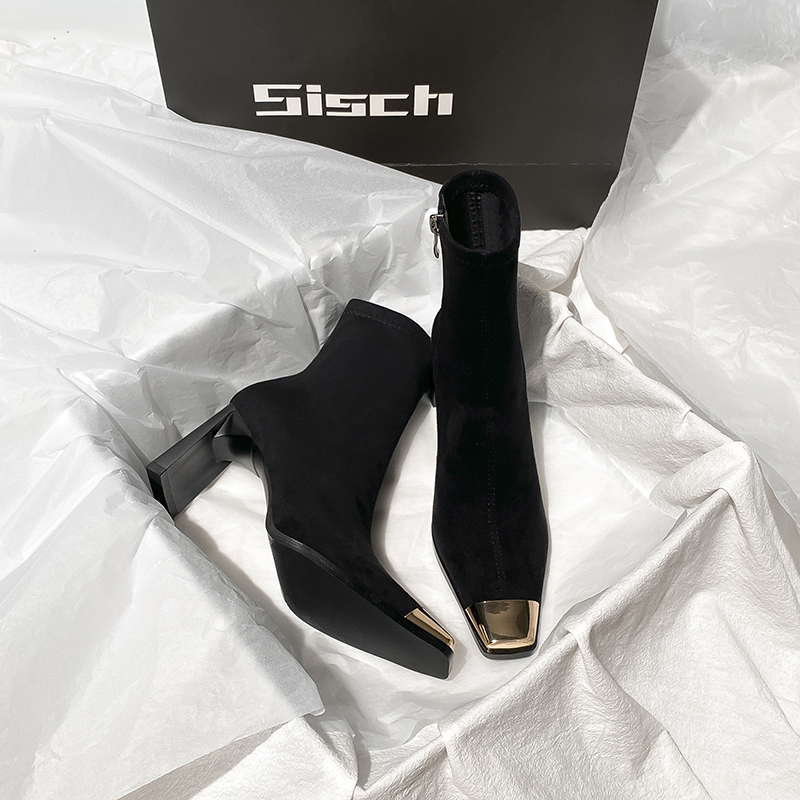 Xishi Metal Toe Black Suede High Heel Ankle Boots for Women 2026 New Square Toe Chunky Heel Slim Boots for Women Xishi Metal Toe Black Suede High Heel Ankle Boots for Women 2026 New Square Toe Chunky Heel Slim Boots for Women